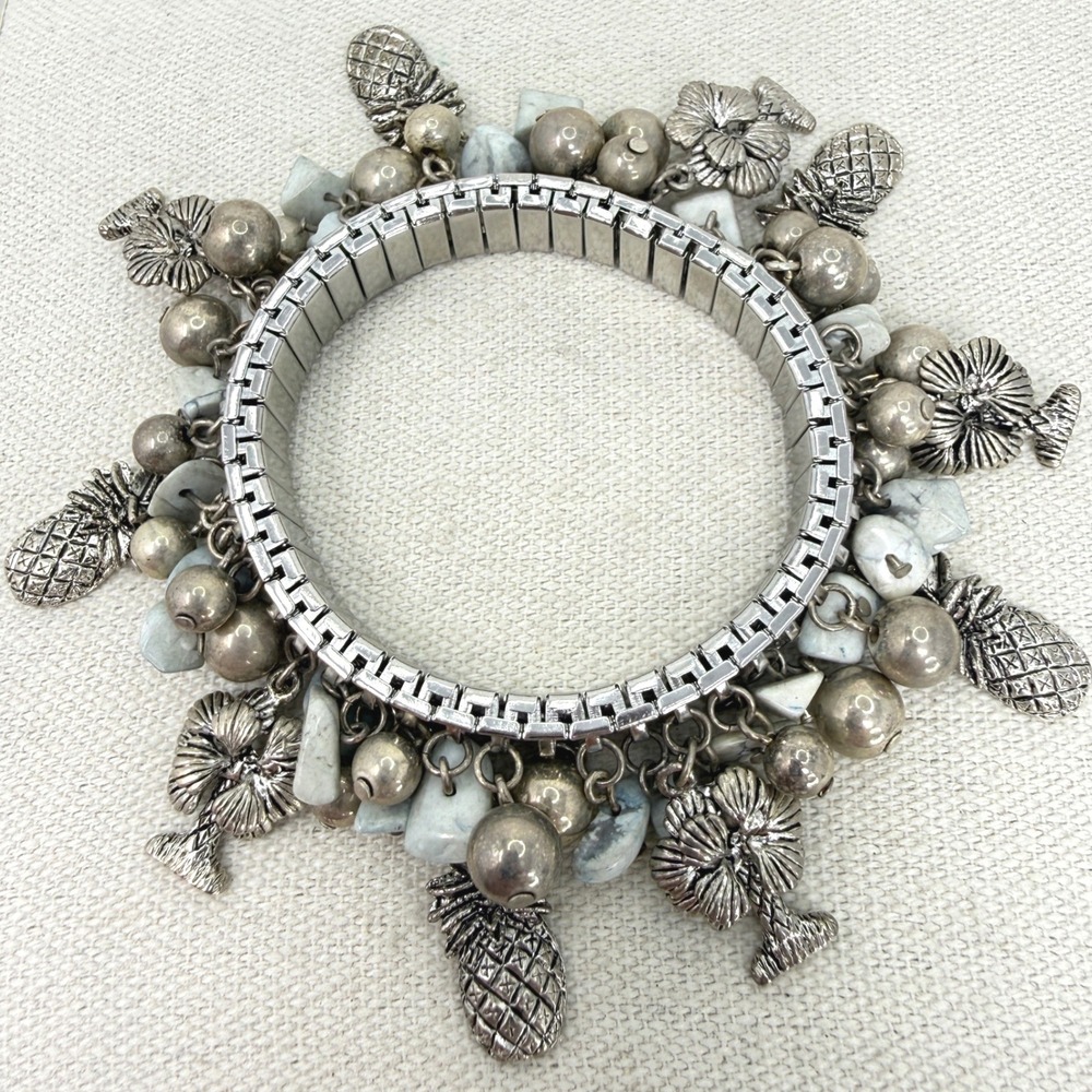 Vintage Expandable Cha Cha Bracelet Pineapple Palm Tree Charms Marked MJ